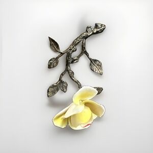 Vintage Porcelain Yellow Rose Flower Brooch Silver Tone‎ Branch Stem Pin